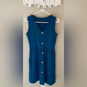 Women Sleeveless Tiered Ruffle Tank Dress Rayon Spandex Pockets Blue Sz Small